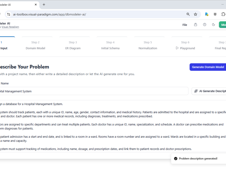 La mejor herramienta de modelado de bases de datos impulsada por IA para diseñar sistemas hospitalarios: Visual Paradigm Online