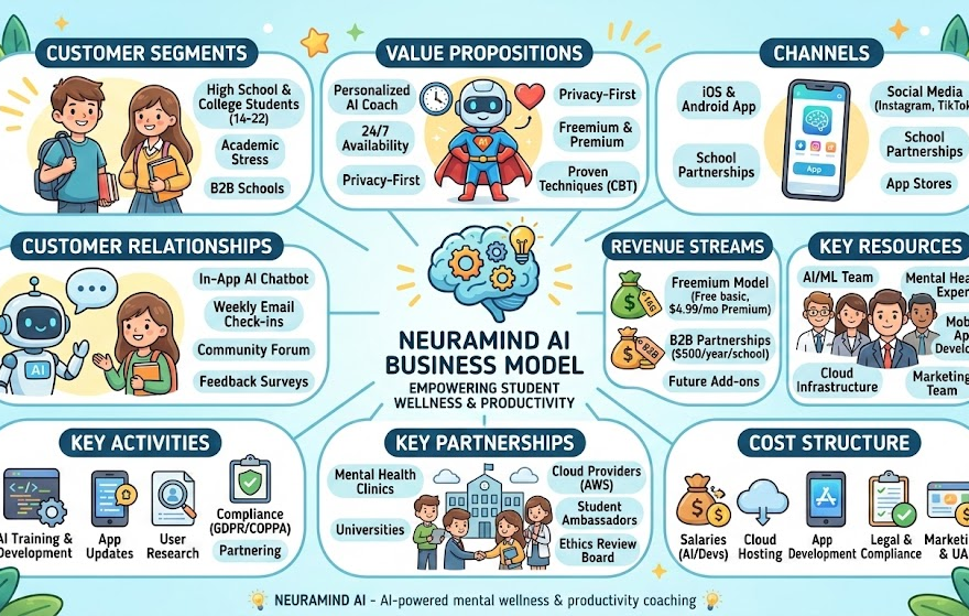 🚀 مطالعه موردی الگوی مدل کسب‌وکار: «NeuraMind AI» – یک کمک‌کننده روان‌سازی مبتنی بر هوش مصنوعی برای دانش‌آموزان