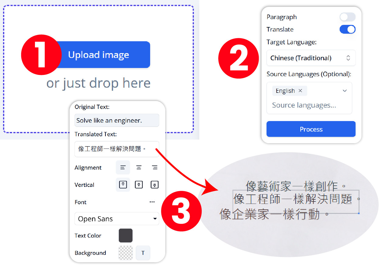 How AI Image Translator works Upload, translate, and customize text seamlessly