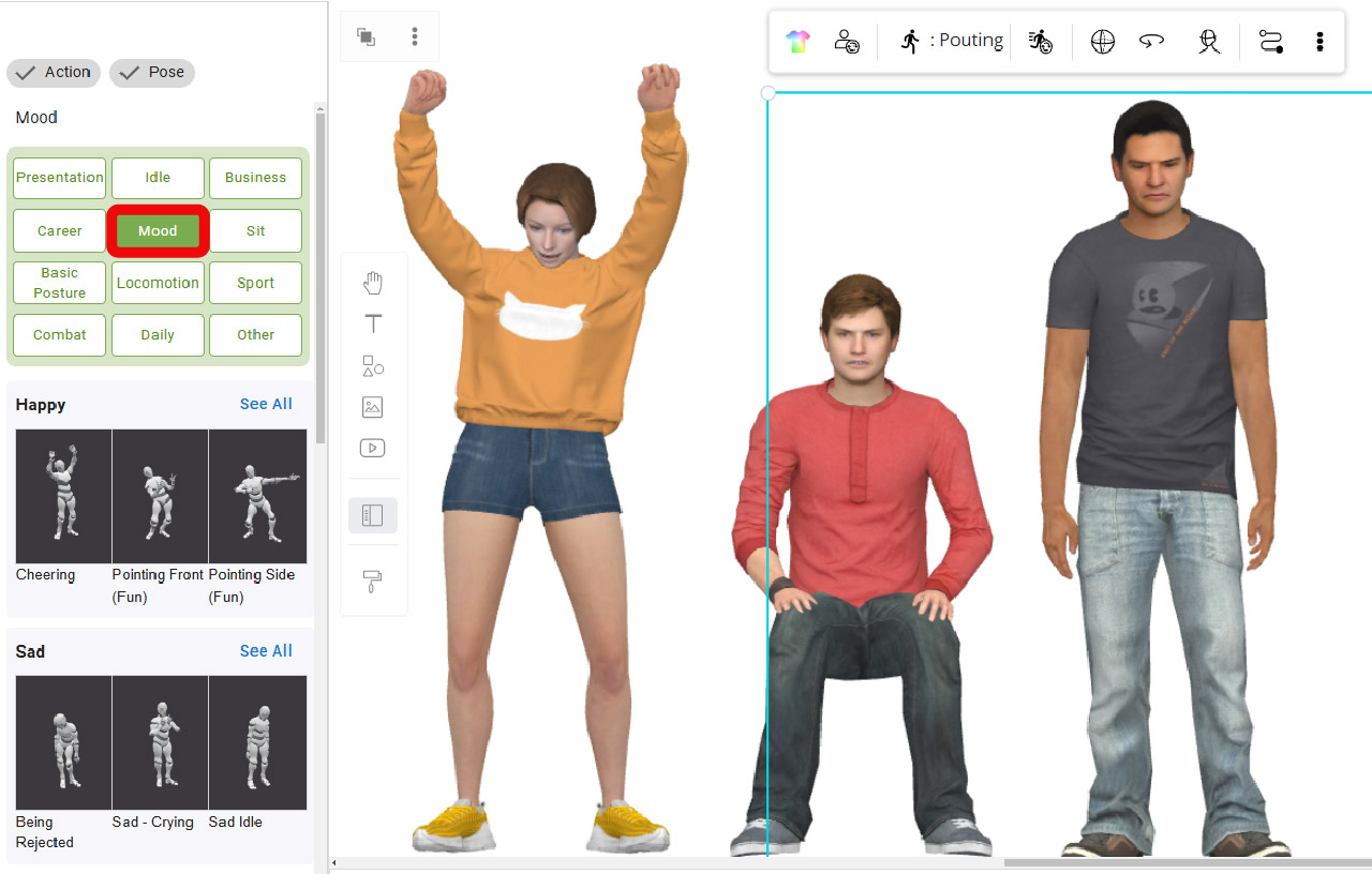 3D characters in AniFuzion showcasing a range of facial expressions for emotional storytelling