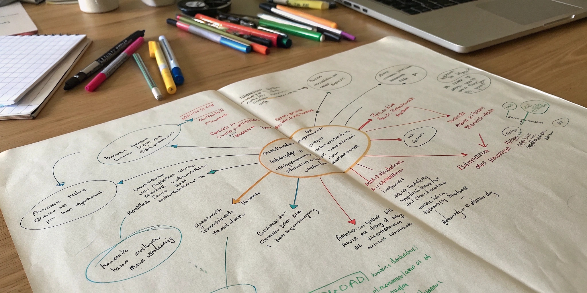 Hand-drawn mind map on paper showing a project plan with handwritten notes and arrows.