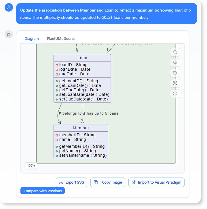 Update the association between Member and Loan to reflect a maximum borrowing limit of 5 items.