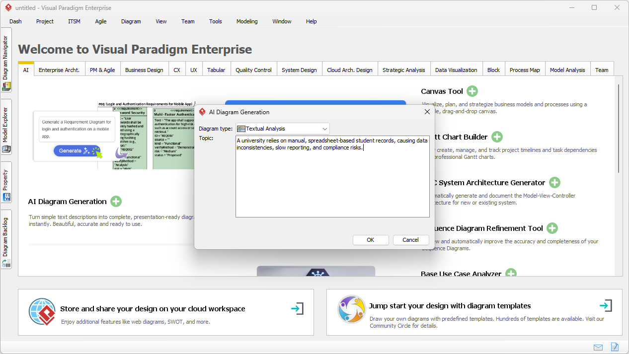This is a screenshot of Visual Paradigm (aka. Visual Paradigm Desktop). It is now showing the use of AI diagram generation to
