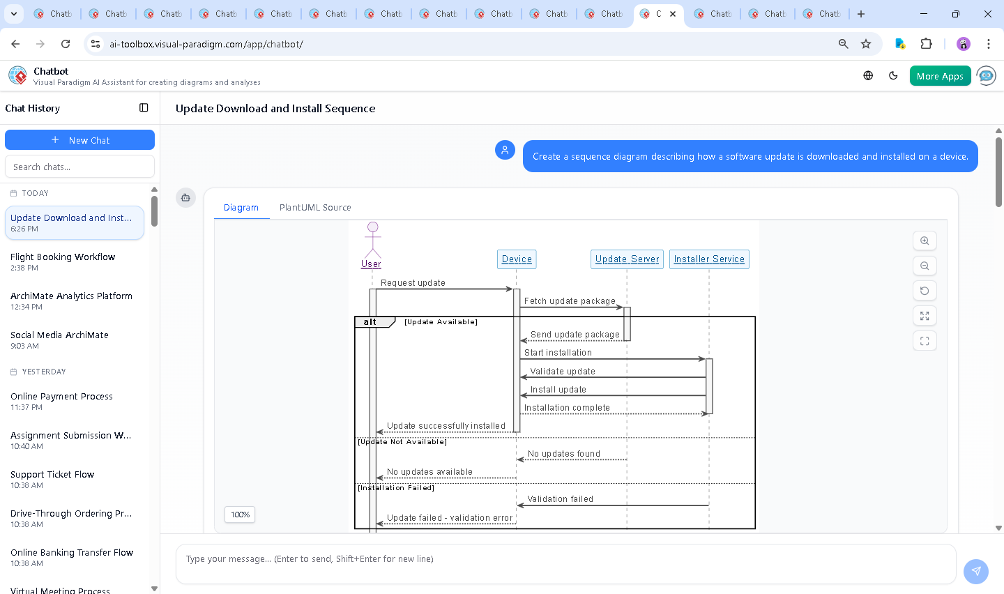 Screenshot of the Visual Paradigm AI Chatbot interface showing a live conversation about software update logic, with diagram generation, conditional branching, and follow-up queries.