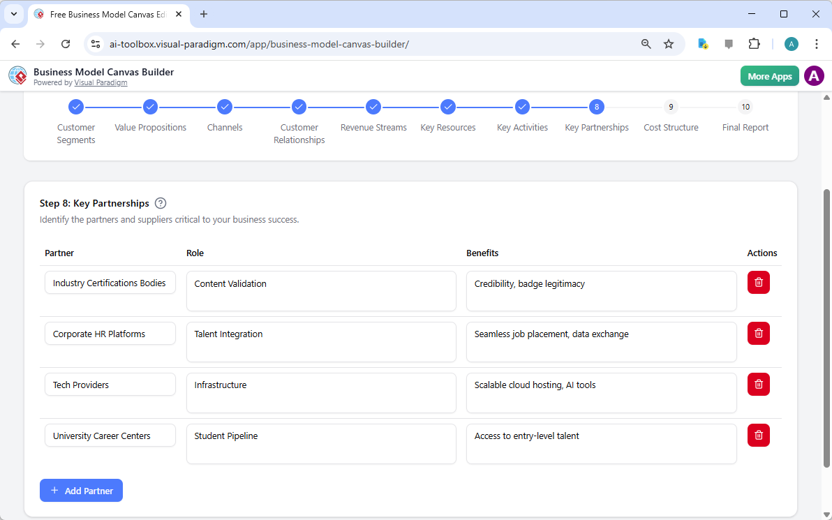 The screenshot of Step 8 of the Visual Paradigm AI-Powered Business Model Canvas Tool.
 - Professional online diagram maker t