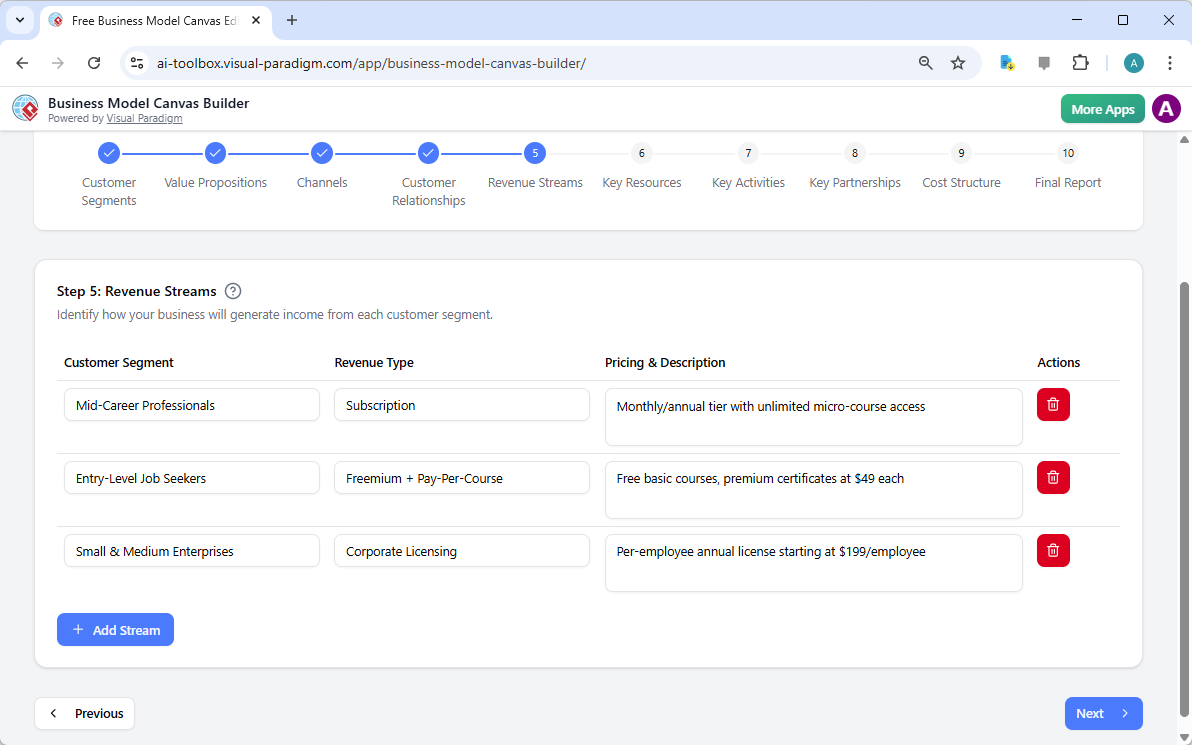 The screenshot of Step 5 of the Visual Paradigm AI-Powered Business Model Canvas Tool.
 - Professional online diagram maker t