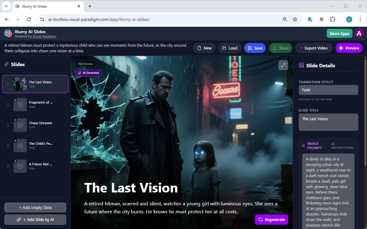 This is a screenshot of Visual Paradigm's AI Powered Illymy AI Slides Maker. It shows an example generated by AI, with the pr