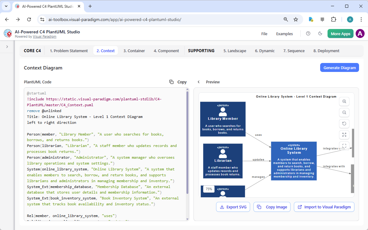 AI-generated C4 Context Diagram in Visual Paradigm's AI-Powered C4 PlantUML Studio
