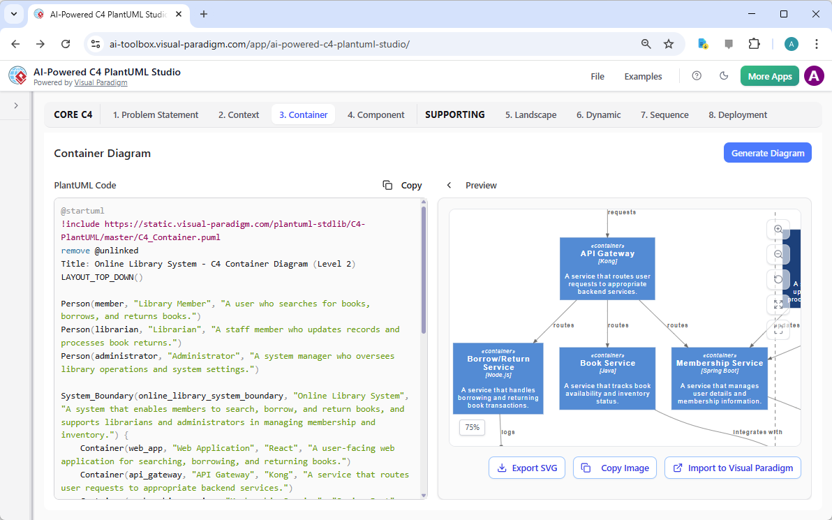 AI-generated C4 Container Diagram for Online Library System using Visual Paradigm