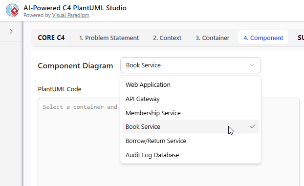Selecting a container to generate its C4 Component Diagram