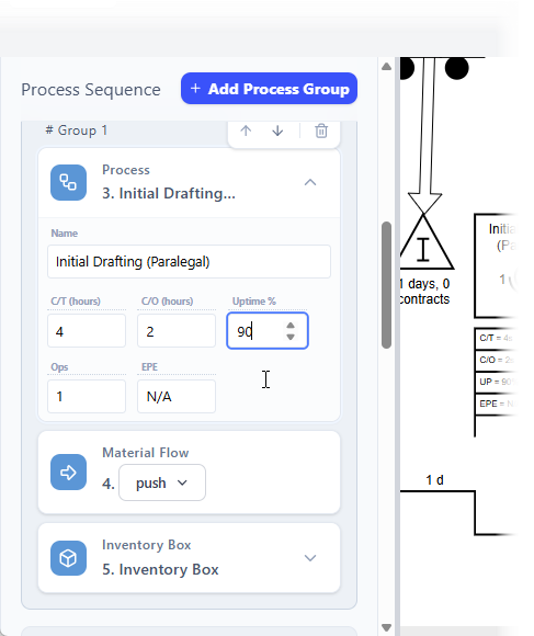 The content of the value stream mapping can be edited via the configuration pane on the left. - Professional online diagram m