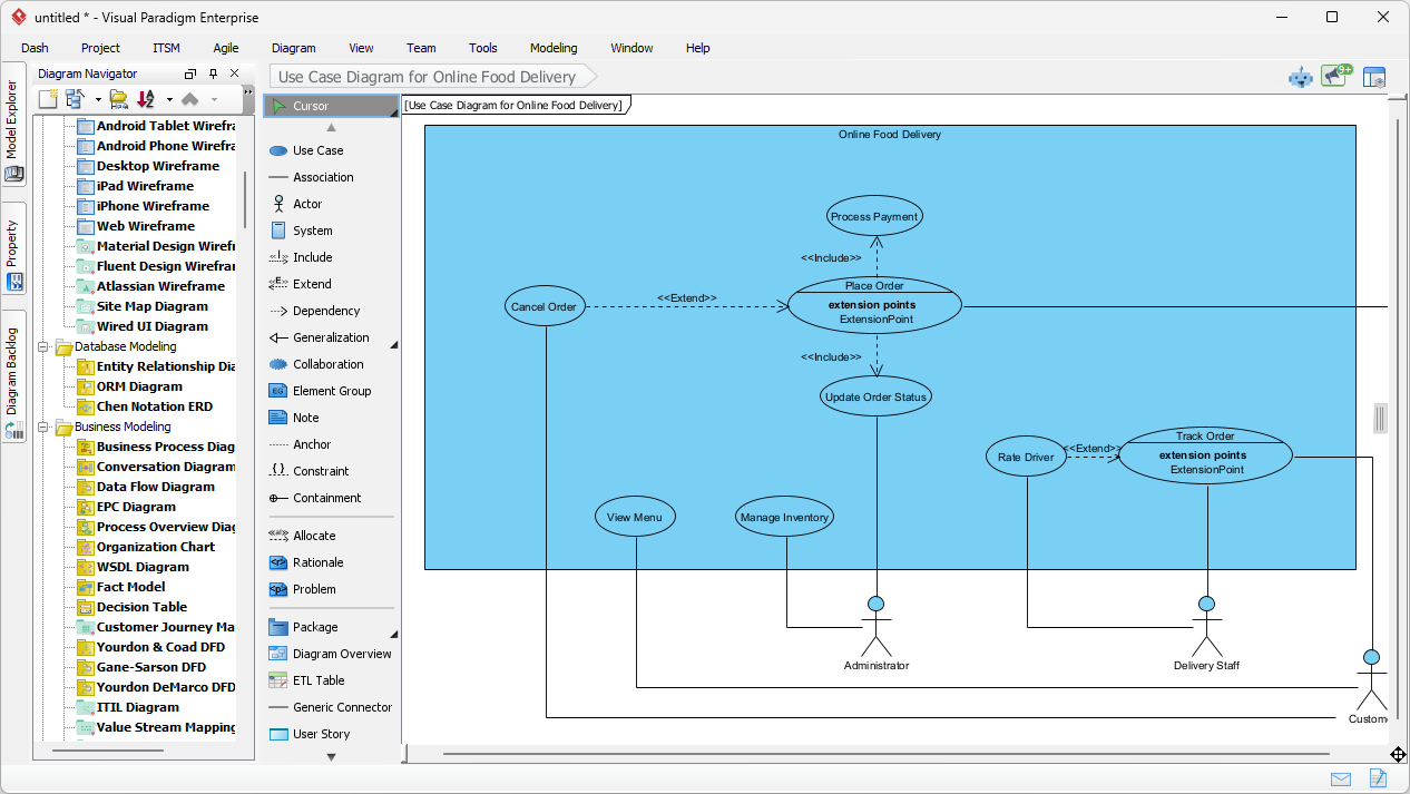 AI-generated UML Use Case Diagram for Online Food Delivery Platform