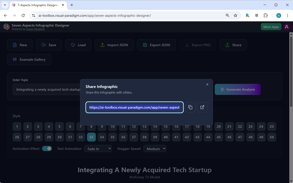 This is the screenshot of Visual Paradigm’s AI-Powered Seven Aspects Infographic Designer. It shows the share screen - user c