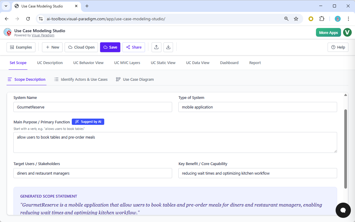 This screenshot shows **Visual Paradigm’s AI-Powered Use Case Modeling Studio**. In this walkthrough, we demonstrate how this