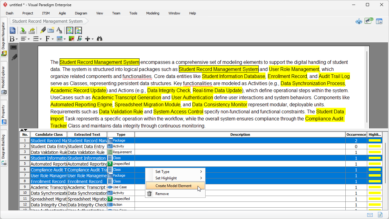 Let's say the user is pleased with the candidate classes selected. She can now form a Class Diagram from them. Select the row