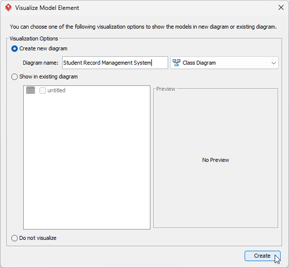 Give a name to the class diagram and click Create to continue. - Professional online diagram maker tool