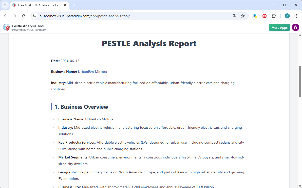 This is the screenshot of Visual Paradigm's AI-Powered PESTLE Analysis Tool. It is now at step 7. A report is produced to sum