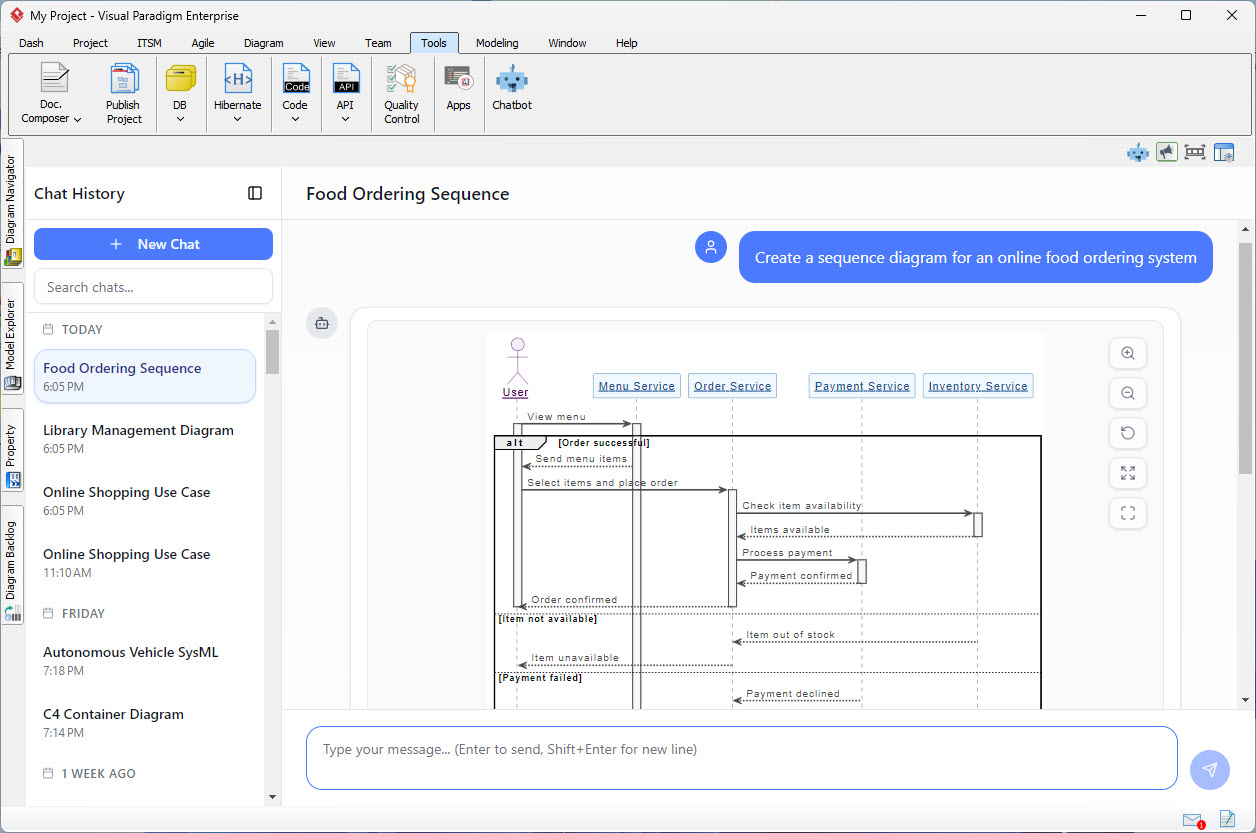 AI Chatbot for Sequence Diagram (Run in Visual Paradigm)