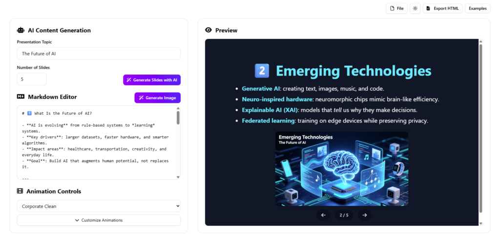 AI-Powered Markdown-based presentation generation tool