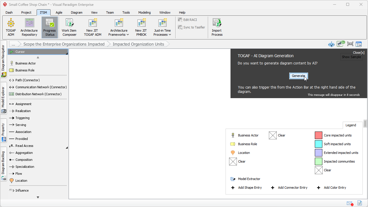 This opens a blank ArchiMate diagram, where you can draw the diagram to visualize the organizational units being impacted by 