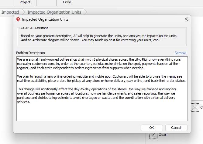 Now, enter the project or problem description. AI will analyze your input and generate a diagram for you. Click OK when ready