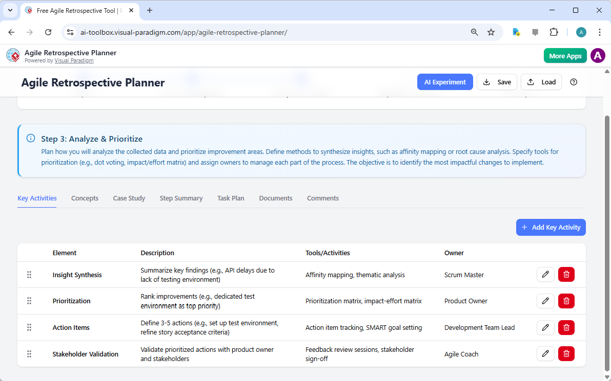 This is the screenshot of step 3 of Visual Paradigm's AI-Powered Agile Retrospective Planner. - Professional online diagram m