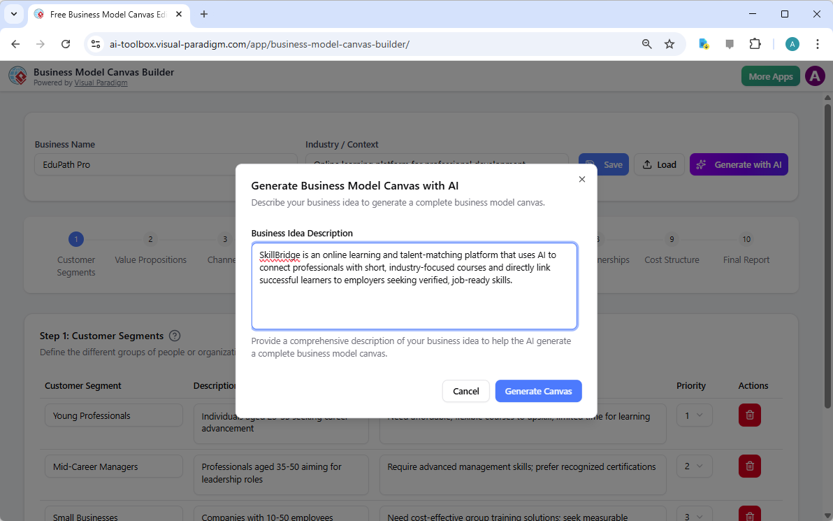 Visual Paradigm’s AI-Powered Business Model Canvas Builder landing screen, where users begin by entering a brief business des