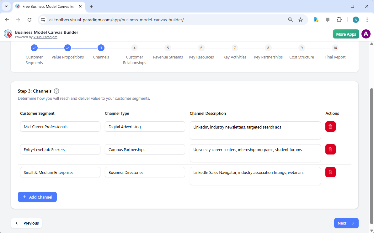 The screenshot of Step 3 of the Visual Paradigm AI-Powered Business Model Canvas Tool.
 - Professional online diagram maker t