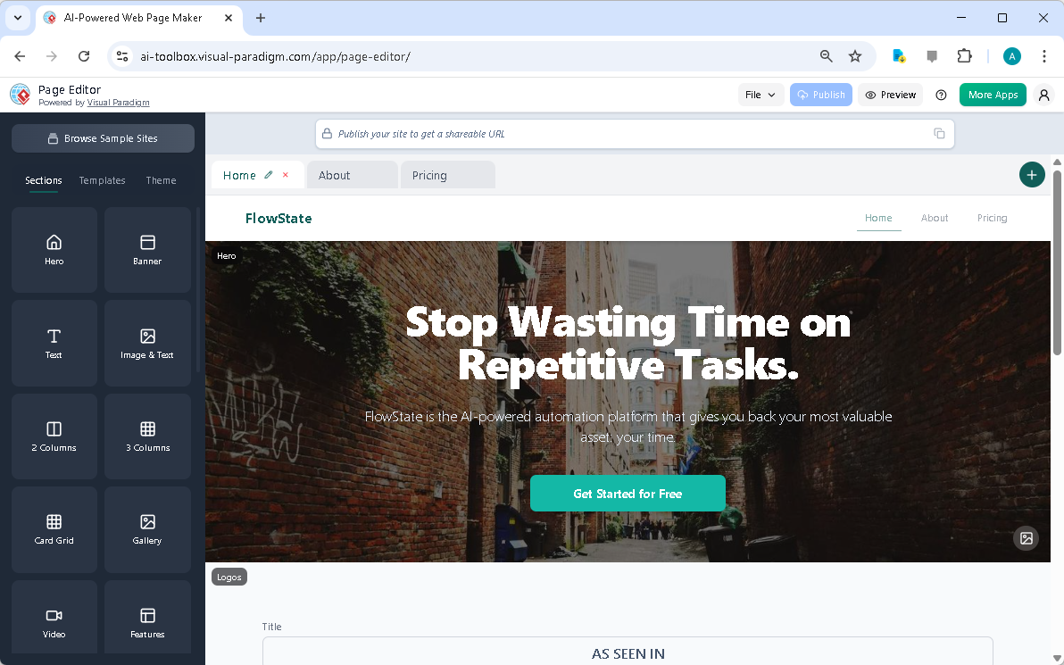 This is the screenshot of AI-Powered Page Editor (for building website), for the landing page of a start up. - Professional o