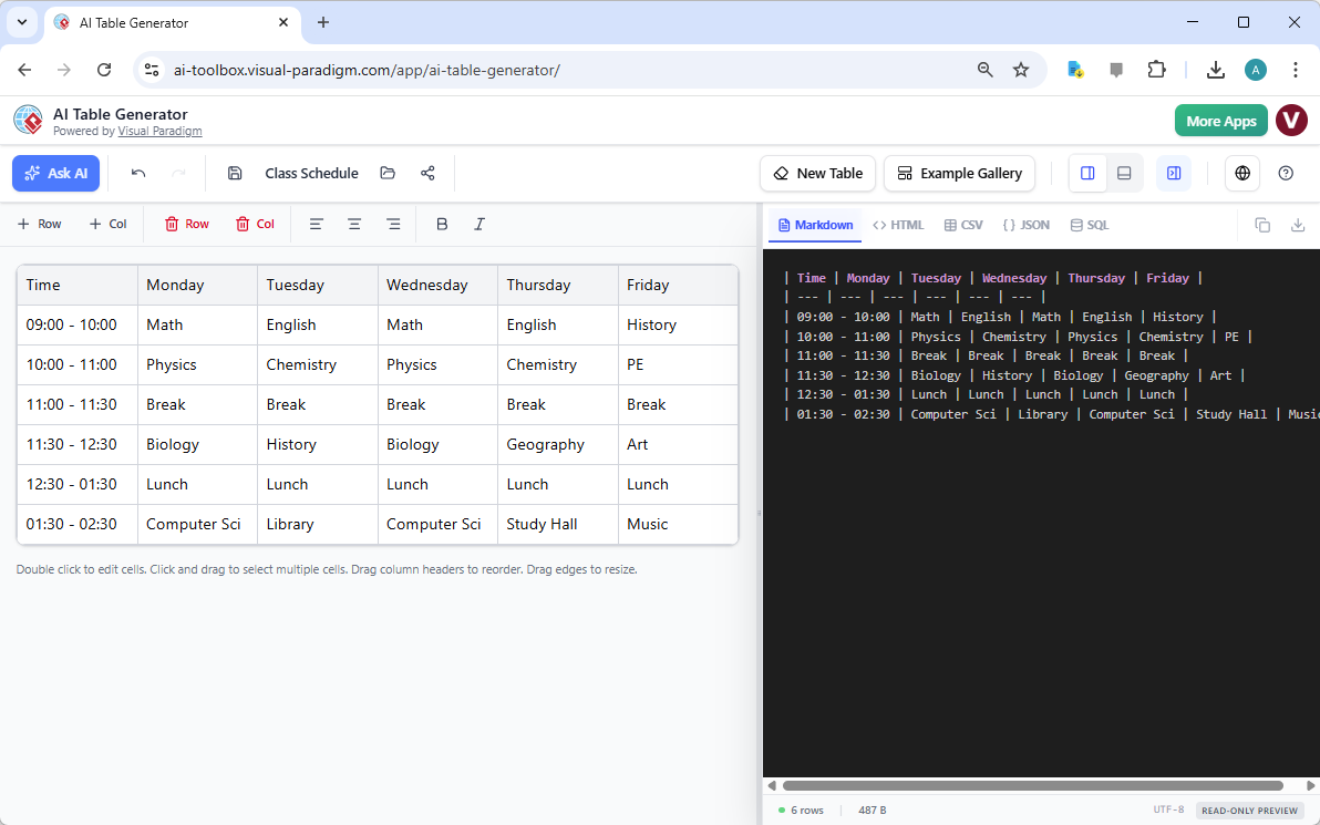 This screenshot shows Visual Paradigm’s AI Table Generator using a Class Schedule example. The table data appears on the left