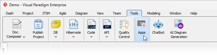Accessing Apps menu in Visual Paradigm Desktop