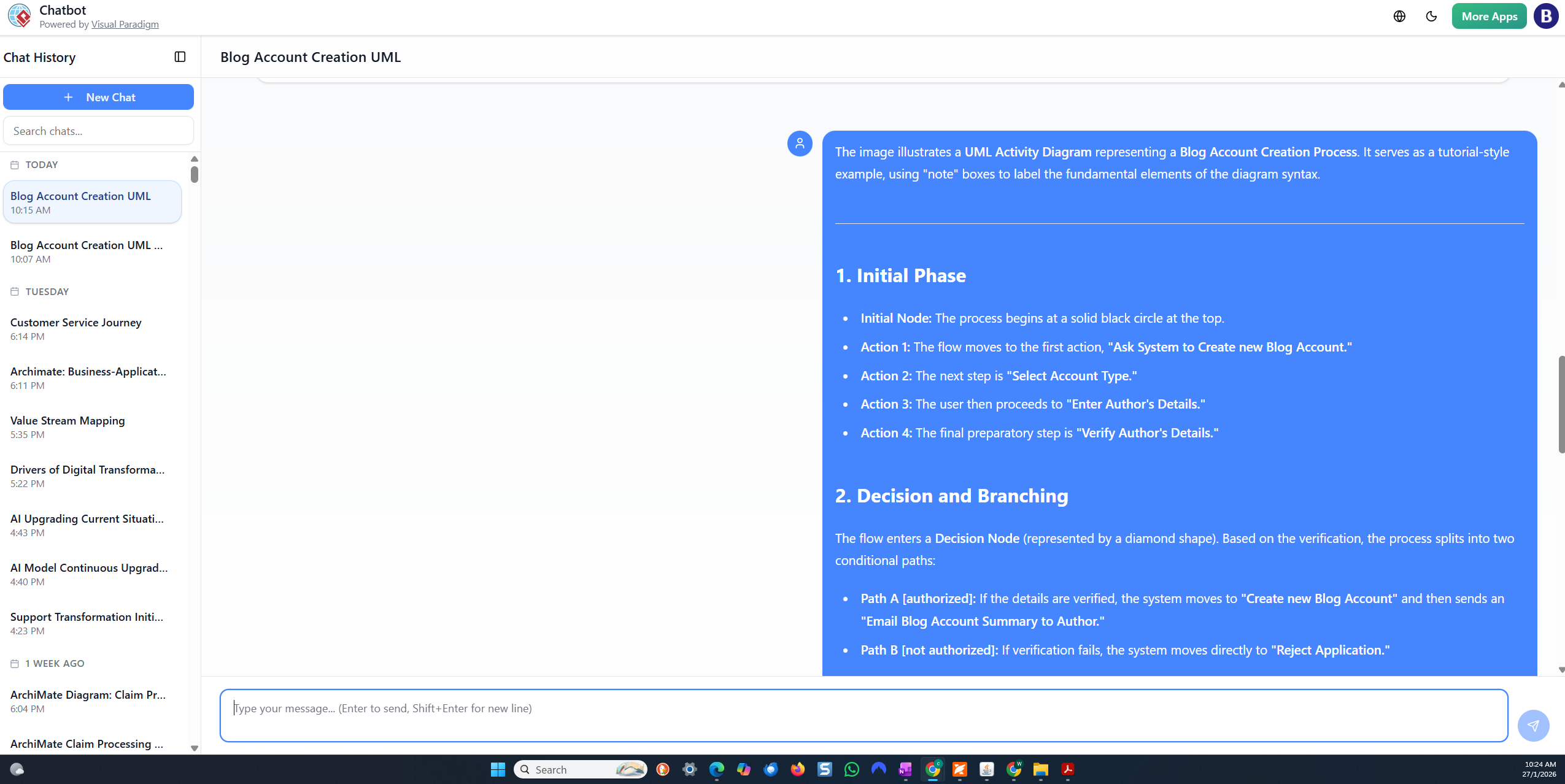 From Text to UML in Seconds: Building a Blog Account Creation Activity Diagram with Visual Paradigm AI