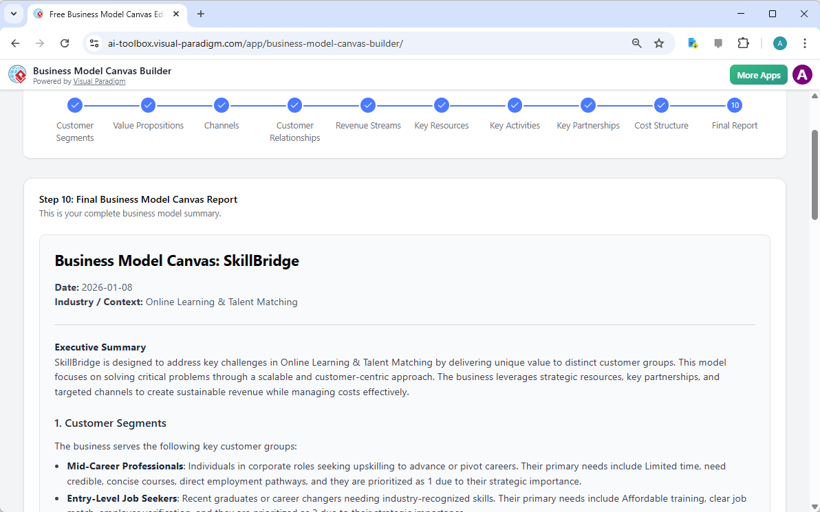 The screenshot of Step 10 of the Visual Paradigm AI-Powered Business Model Canvas Tool, displaying the automatically generate