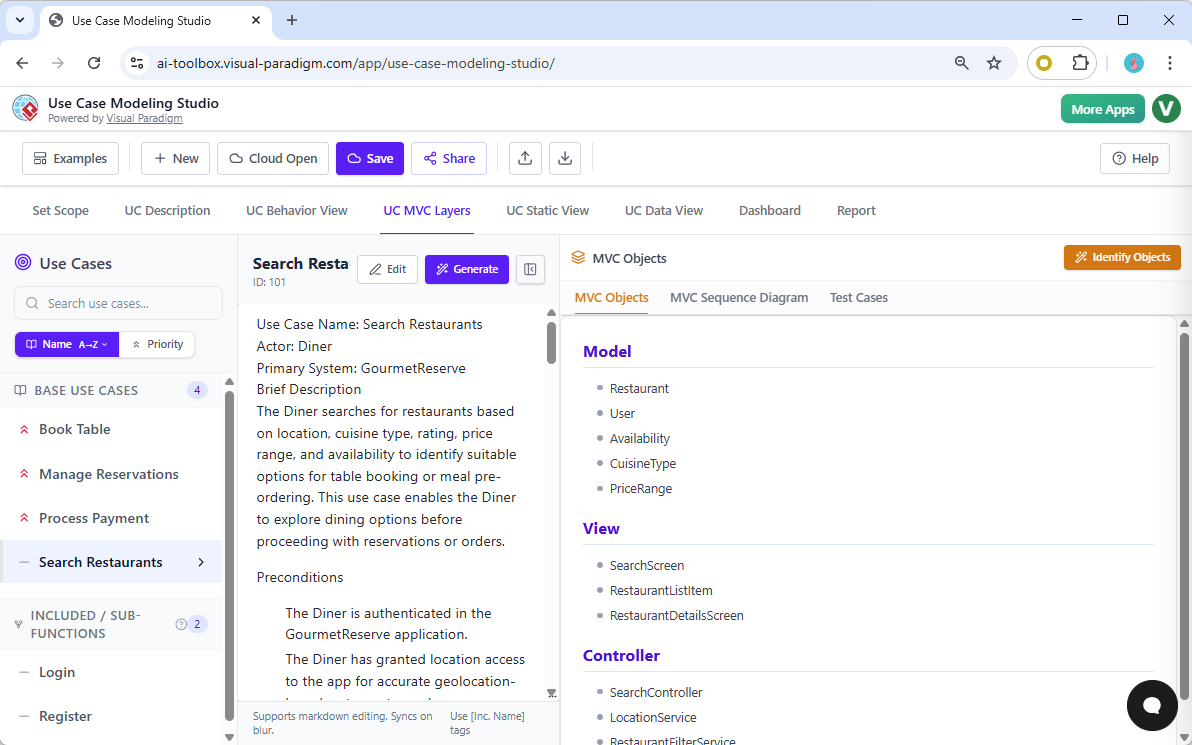 This screenshot shows the **Use Case MVC Layers** tab of **Visual Paradigm’s AI-Powered Use Case Modeling Studio**. AI helps 