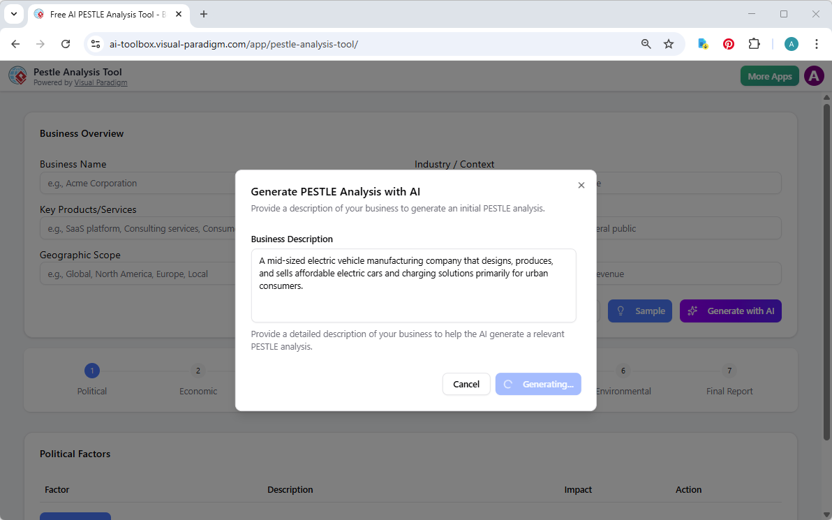 This is the screenshot of Visual Paradigm's AI-Powered PESTLE Analysis Tool. It is now at AI generation screen, where the use
