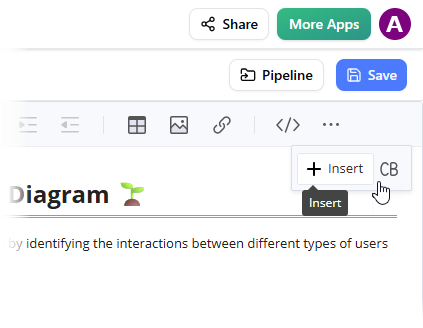 A screenshot of Visual Paradigm OpenDocs that shows the user clicking on the Insert button on the toolbar.