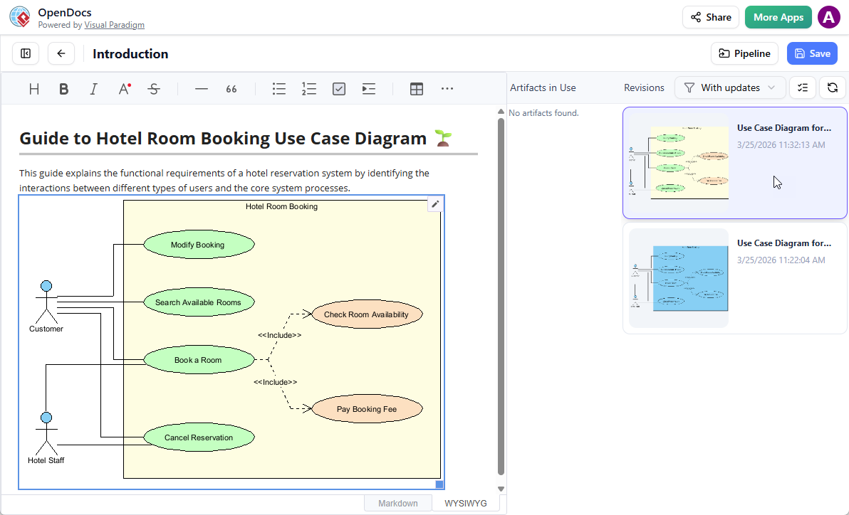 A screenshot of OpenDocs, showing a user replacing a diagram image with a newer revision by selecting the newer revision in the Pipelines pane