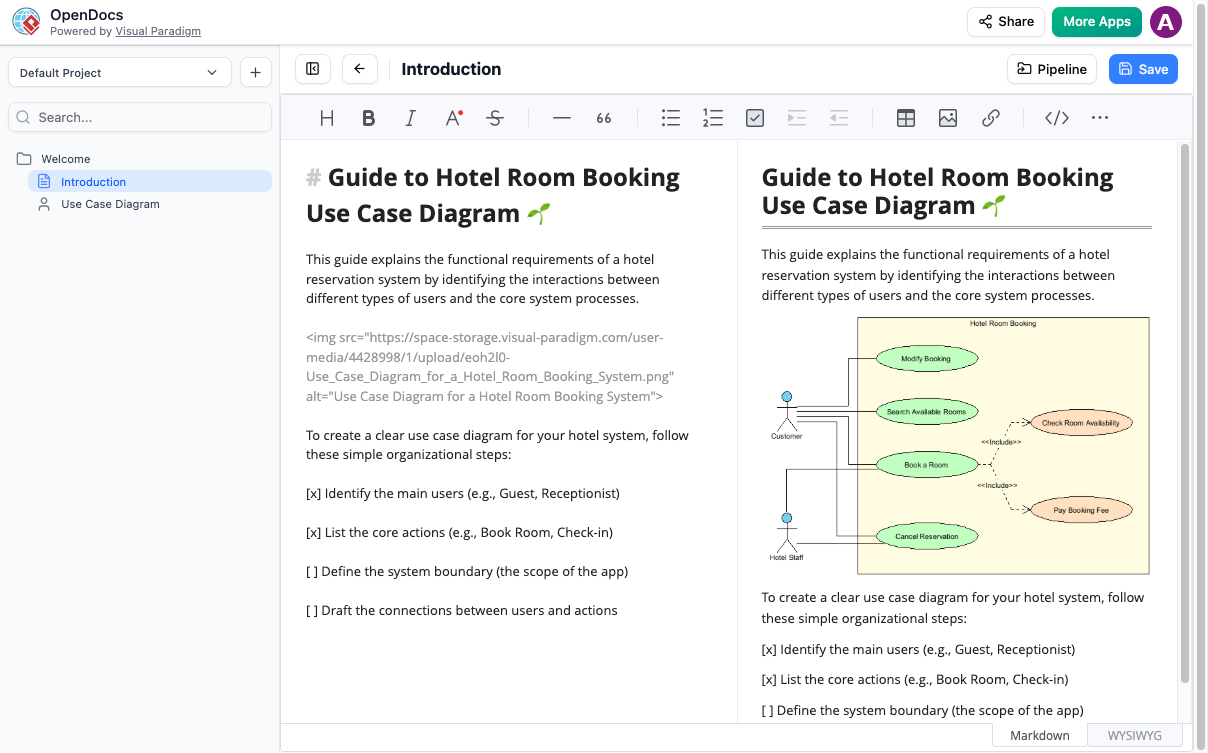 OpenDocs: Use Case Diagram showing Customer and Hotel Staff interactions for room booking and management.
