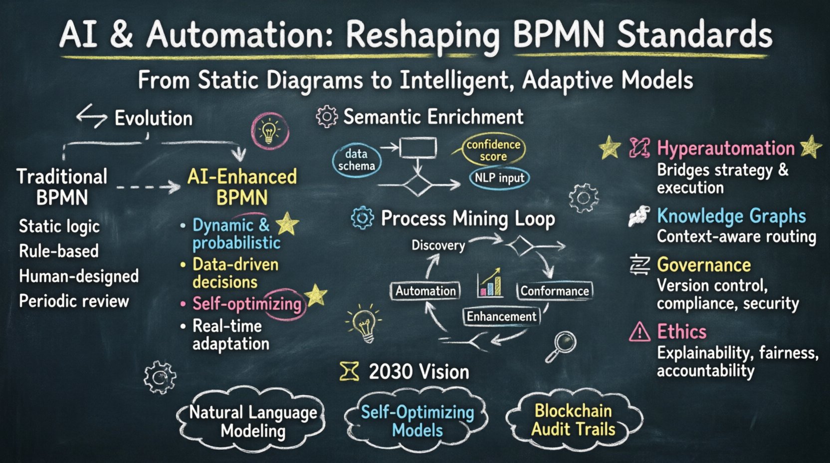 Chalkboard-style educational infographic showing how artificial intelligence and automation are transforming Business Process Model and Notation (BPMN) standards, featuring hand-drawn sections on the evolution from static to dynamic process modeling, semantic enrichment with metadata tags, process mining feedback loops (discovery-conformance-enhancement-automation), hyperautomation capabilities, knowledge graph integration, governance frameworks, ethical AI considerations, and 2030 future scenarios including natural language modeling and self-optimizing workflows, designed with teacher-style annotations in white and colored chalk on a dark slate background for easy visual learning