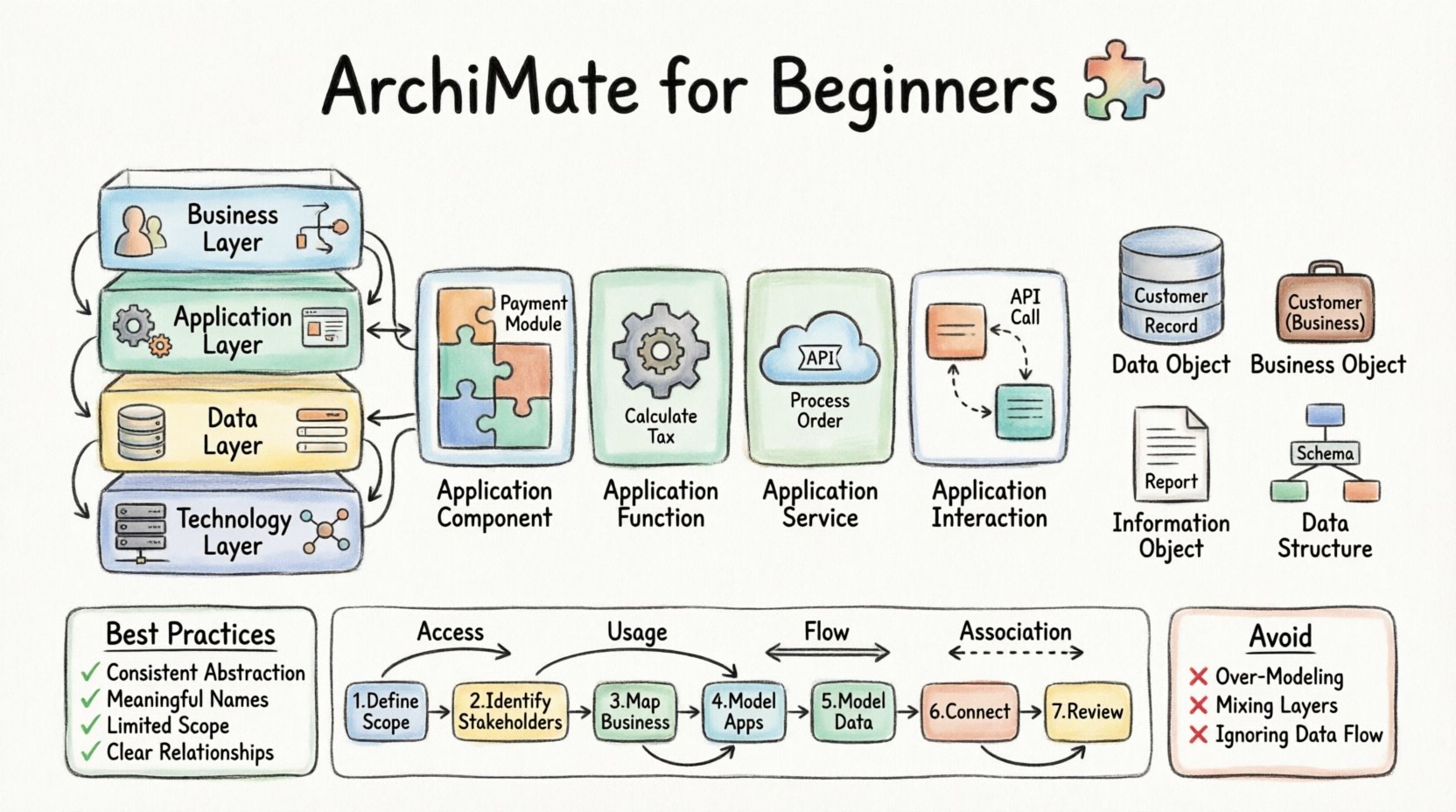 Hand-drawn infographic illustrating ArchiMate modeling for beginners, featuring a layered architecture stack (Business, Application, Data, Technology layers) with thick outline strokes and soft watercolor styling. The Application Layer section displays key elements: Application Component (modular puzzle piece), Application Function (gear icon), Application Service (cloud API symbol), and Application Interaction (connected boxes). The Data Layer section shows Data Object (cylinder with fields), Business Object (briefcase icon), Information Object (document), and Data Structure (tree diagram). Relationship types are visualized with labeled arrows: Access, Usage, Flow, and Association. A step-by-step modeling workflow flows across the bottom: Define Scope → Identify Stakeholders → Map Business → Model Apps → Model Data → Connect → Review. Corner badges highlight best practices (consistent abstraction, meaningful names, limited scope, clear relationships) and common pitfalls to avoid (over-modeling, mixing layers, ignoring data flow, static thinking). The design uses a playful hand-sketched aesthetic with thick black outlines, pastel color fills, and legible hand-lettered typography on a subtle grid paper background, all in 16:9 aspect ratio for easy sharing and presentation.