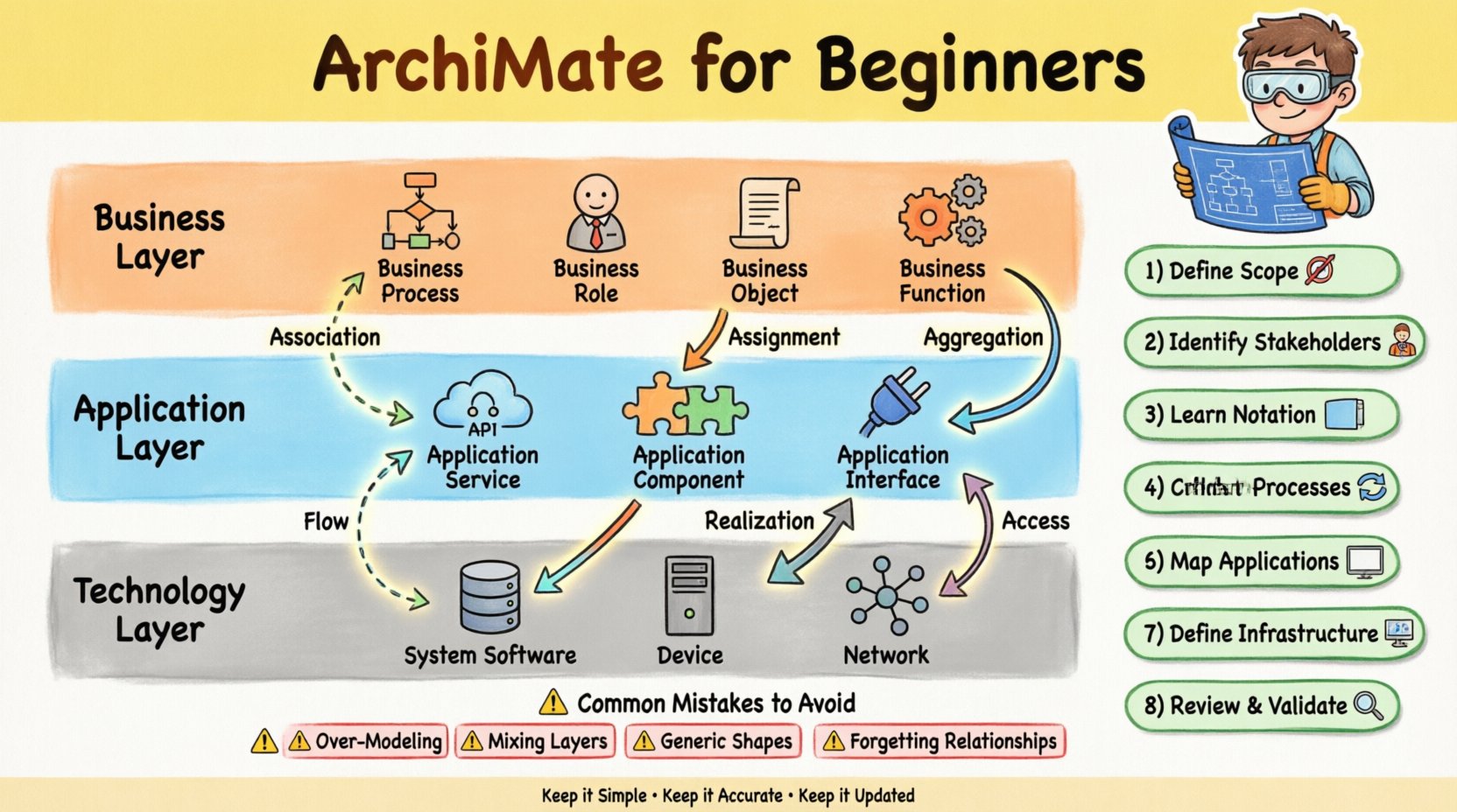 Cartoon infographic guide: ArchiMate for Beginners showing the three core enterprise architecture layers (Business, Application, Technology), six key relationship types (Association, Assignment, Aggregation, Realization, Flow, Access), and an 8-step implementation checklist for getting started with enterprise architecture modeling, plus common mistakes to avoid