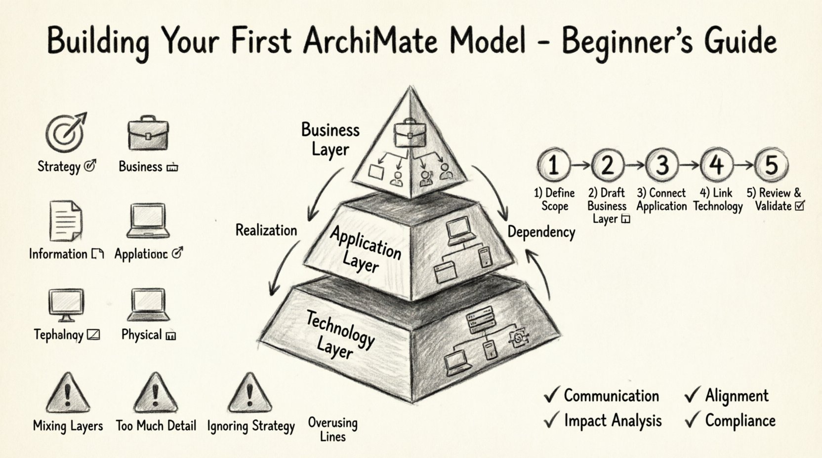 Charcoal sketch infographic illustrating ArchiMate modeling for beginners: three-layer architecture pyramid (Business, Application, Technology), six enterprise domains (Strategy, Business, Information, Application, Technology, Physical), five relationship types (Association, Dependency, Realization, Flow, Triggering), step-by-step model building process, common pitfalls to avoid, and key benefits of enterprise architecture visualization