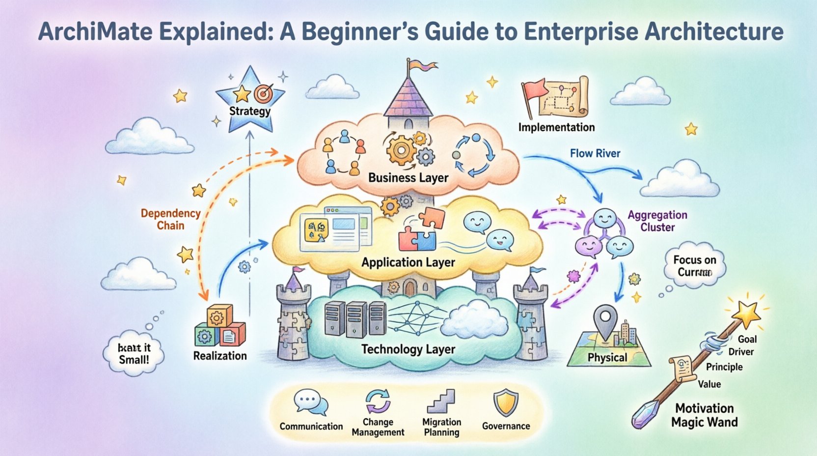 Whimsical infographic explaining ArchiMate enterprise architecture modeling language: illustrates the three core layers (Business, Application, Technology), four domains (Strategy, Implementation & Migration, Realization, Physical), key relationships, and motivation extensions with playful castle metaphor, colorful icons, and beginner-friendly visual guide for aligning IT with business strategy