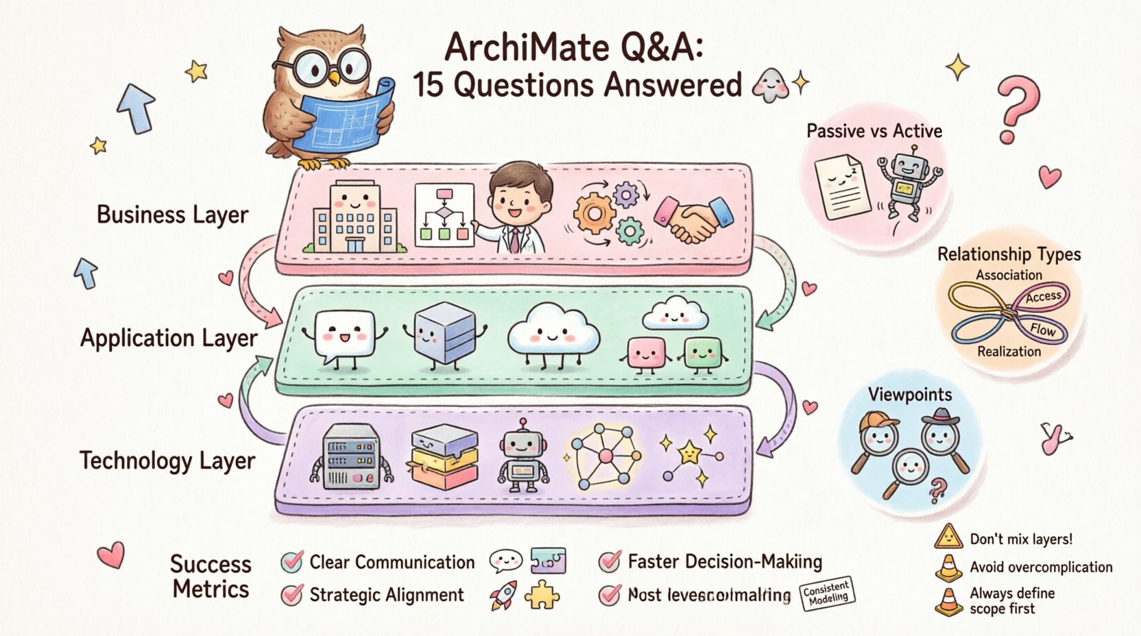 Kawaii-style infographic explaining ArchiMate enterprise architecture framework for beginners: features three pastel-colored layers (Business, Application, Technology) with cute characters, relationship types shown as friendship bracelets, key Q&A highlights including passive vs active structures, viewpoints, motivation elements, and success metrics, all in soft rounded kawaii art style with friendly owl architect mascot
