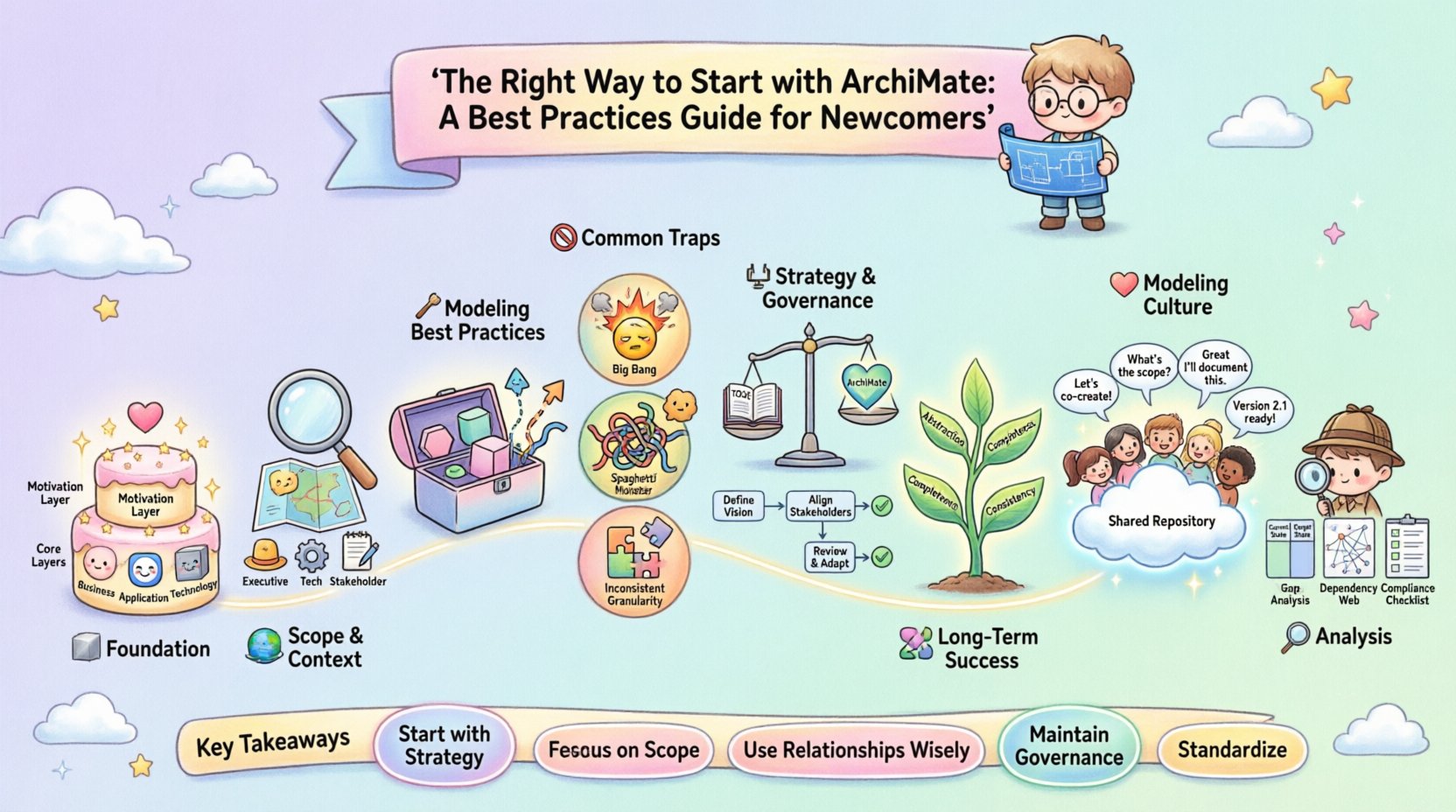 Kawaii cute vector infographic guide for ArchiMate beginners showing 8 best practices: understanding foundation layers (Motivation, Business, Application, Technology), defining scope, modeling notation rules, avoiding common traps, integrating with TOGAF governance, long-term success principles, building modeling culture, and architecture analysis techniques - featuring pastel colors, rounded shapes, and friendly icons for enterprise architecture newcomers