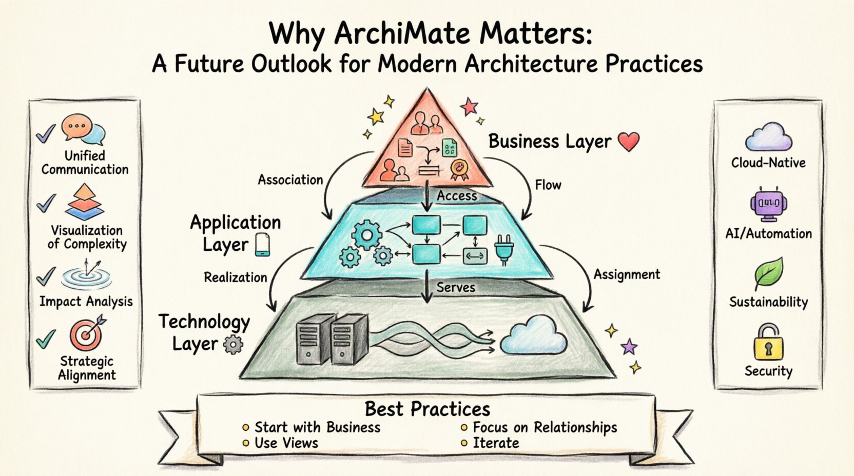 Marker-style infographic explaining ArchiMate enterprise architecture framework: shows three-layer model (Business, Application, Technology layers) with interconnected elements, key benefits including unified communication and strategic alignment, relationship types like Flow and Realization, future trends covering cloud-native, AI, sustainability and security, plus best practices checklist for effective modeling - all rendered in vibrant hand-drawn marker illustration style on 16:9 landscape layout
