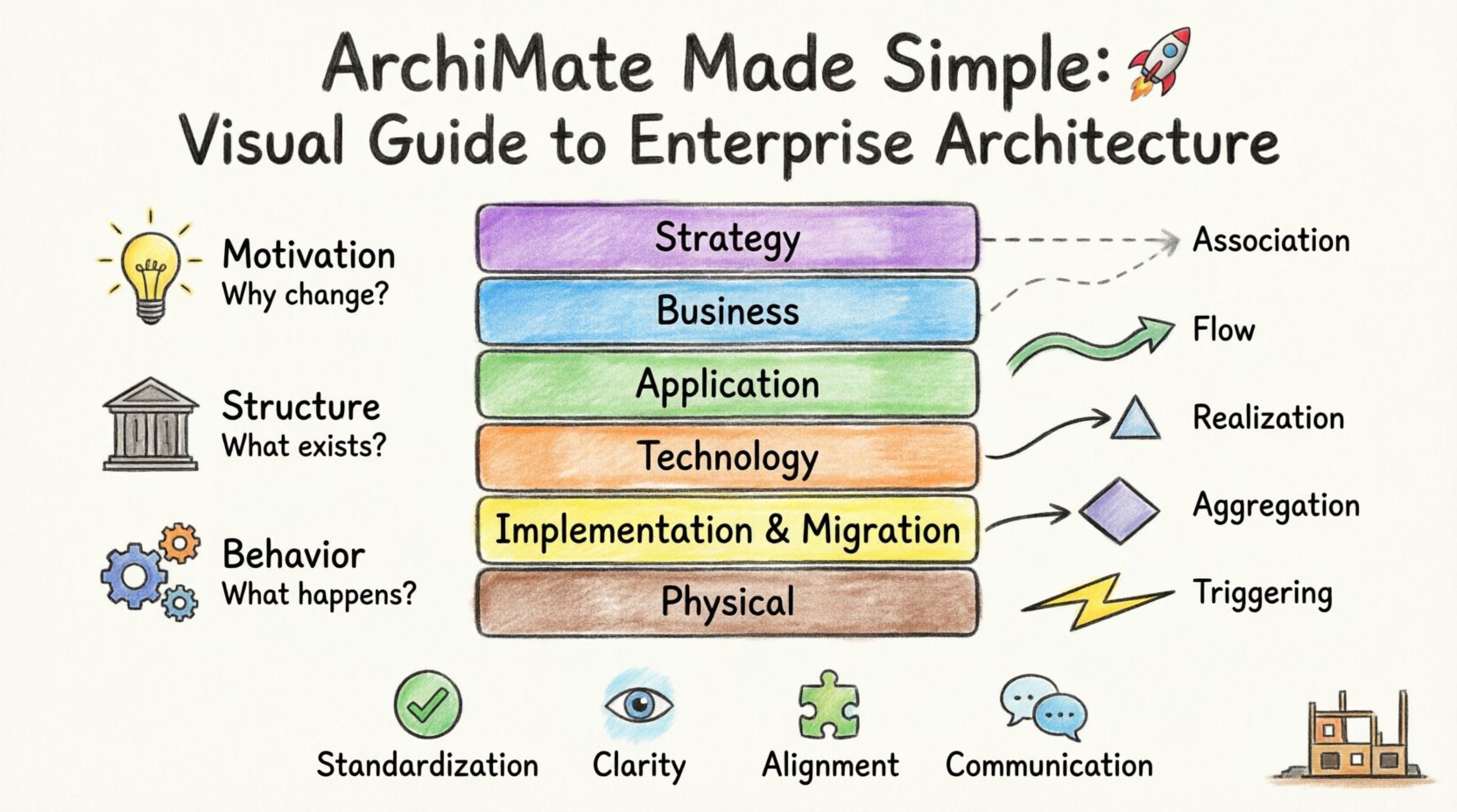 Marker-style infographic illustrating the ArchiMate enterprise architecture framework with six vertical layers (Strategy, Business, Application, Technology, Implementation, Physical), three viewpoints (Motivation, Structure, Behavior), and five relationship types (Association, Flow, Realization, Aggregation, Triggering), showing how organizations model and align business strategy with IT infrastructure