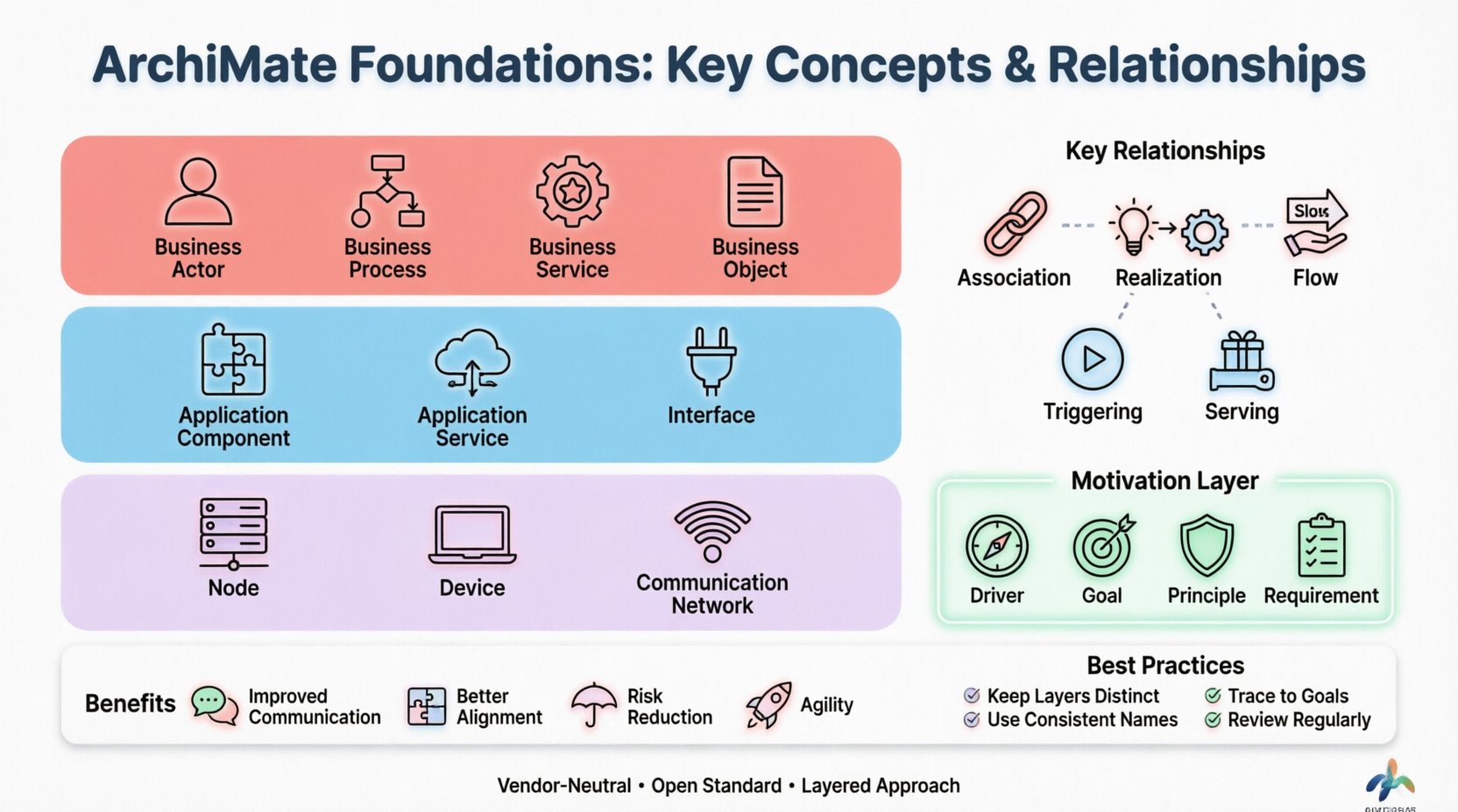ArchiMate Foundations infographic showing the three core layers (Business, Application, Technology) with key elements, relationship types, motivation layer components, and best practices for enterprise architecture modeling in a clean flat design with pastel colors and rounded icons