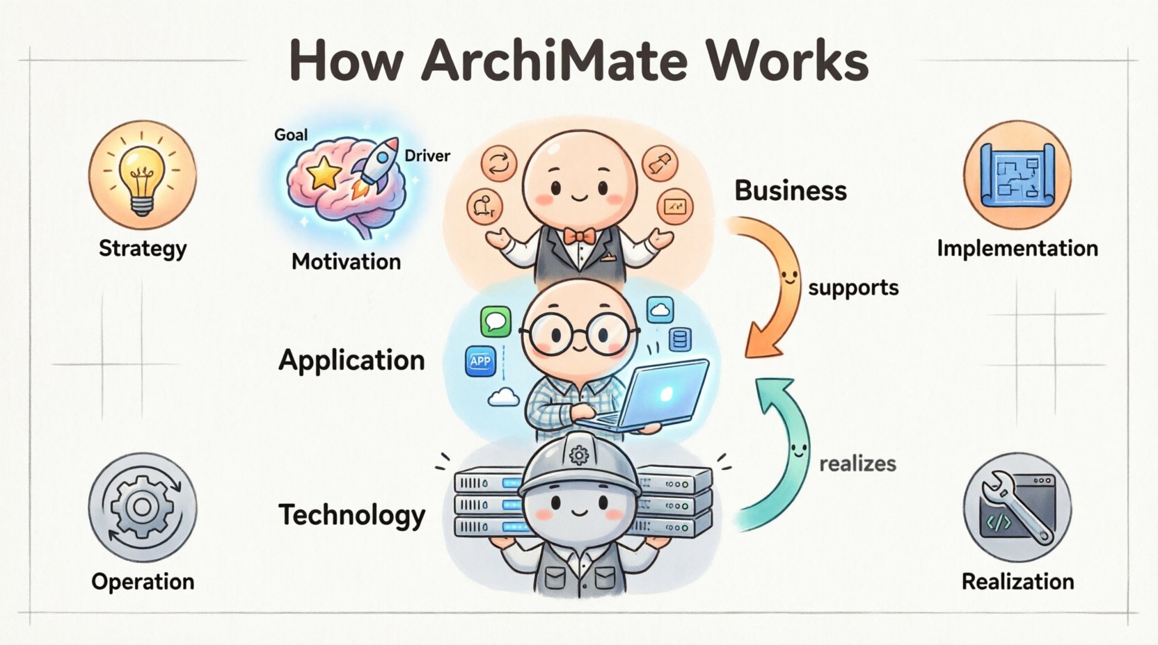 Chibi-style infographic explaining the ArchiMate enterprise architecture framework showing three core layers (Business, Application, Technology) with cute character illustrations, four architecture domains (Strategy, Implementation & Migration, Realization, Operation), relationship types, and modeling patterns to help new architects visualize and understand enterprise architecture components and dependencies