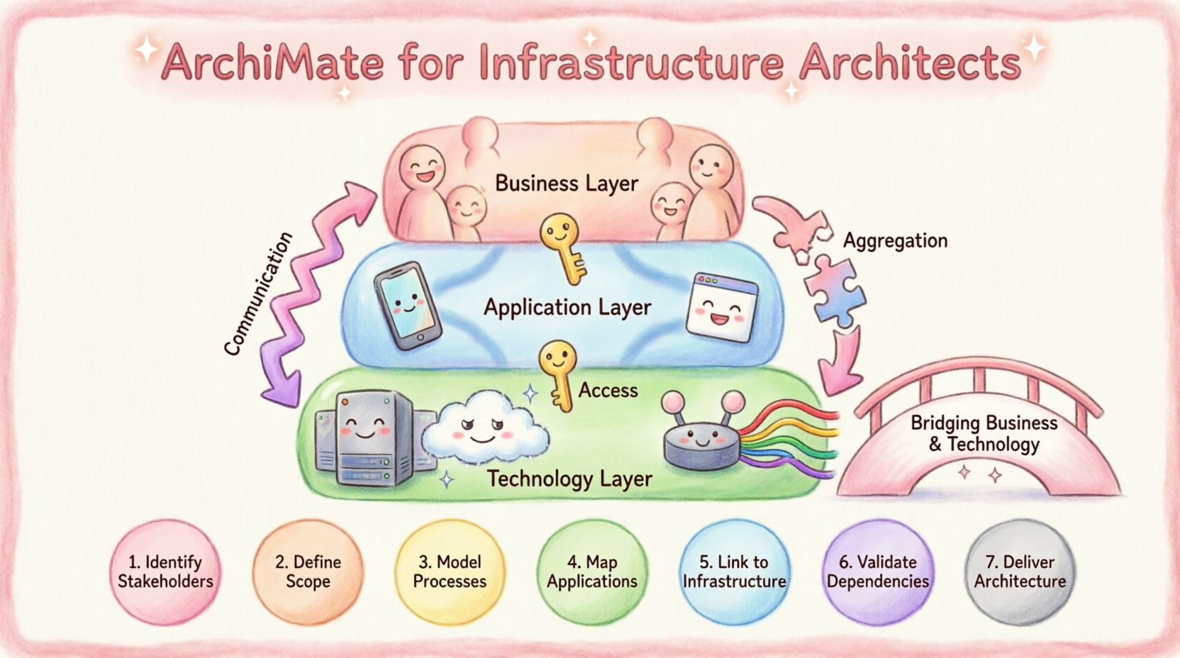 A kawaii-style infographic explaining ArchiMate framework for infrastructure architects, featuring cute layered diagrams of Business, Application, and Technology layers with friendly server characters, colorful relationship arrows showing Communication/Access/Aggregation flows, a bridge connecting business value to technology, and a 7-step visual roadmap for mapping systems without jargon, in 16:9 aspect ratio with soft pastel colors and playful design
